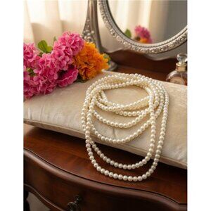 Vintage 100” Cultured Pearl Rope Necklace 7mm Cream Hand Knotted  Signed CP